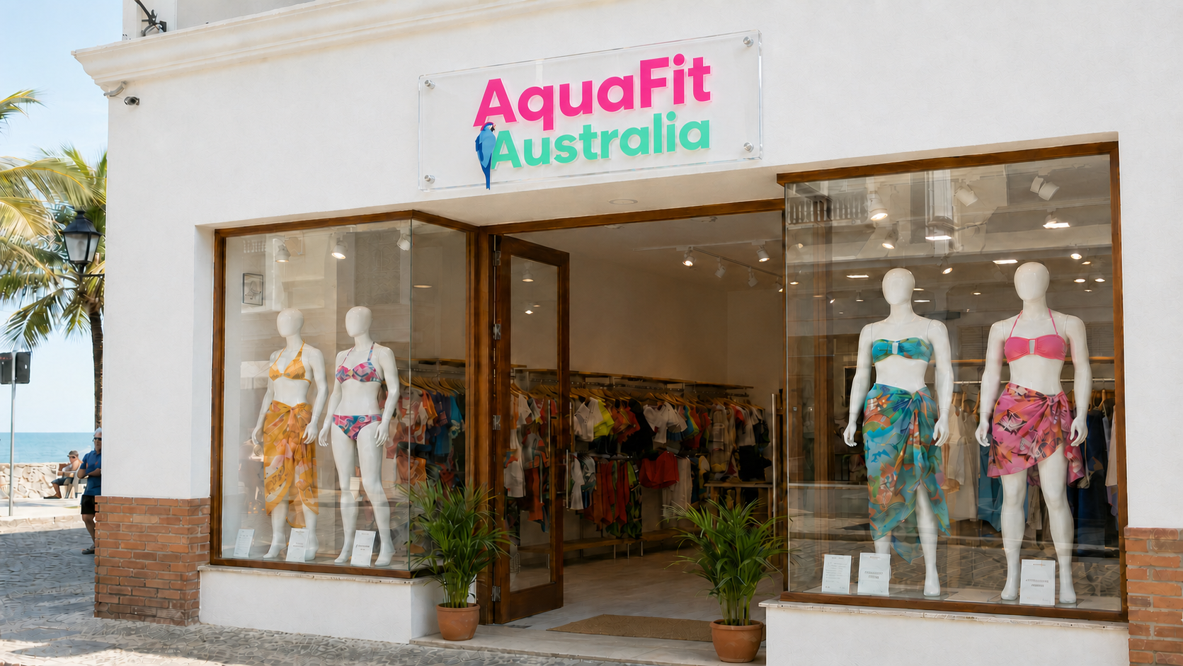 AquaFit Australia coastal boutique with acrylic storefront plaque